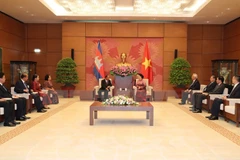 Chủ tịch Quốc hội Nguyễn Thị Kim Ngân tiếp Chủ tịch Quốc hội Vương quốc Campuchia Heng Samrin. (Ảnh: Trọng Đức/TTXVN)