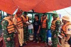 Lực lượng chức năng lập biển bản chủ tàu Vũ Văn Tiến. (Ảnh: Nguyễn Hoàng/TTXVN)