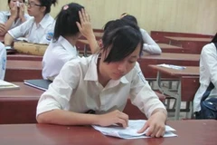 Thí sinh tranh thủ ôn lại bài trước giờ thi môn văn. (Ảnh: Phạm Mai/Vietnam+)