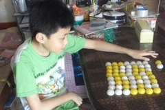 Hoàng Thân và mô hình Học toán thông minh làm từ vỏ thuốc. (Ảnh: Dân trí)