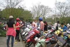 Các bãi gửi xe ở Đền Hùng những ngày này luôn trong tình trạng quá tải. (Ảnh: Thùy Giang/Vietnam+)