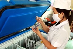 Nhân viên y tế tại tỉnh Nghệ An kiểm tra hạn sử dụng, nhiệt độ bảo quản vắcxin. (Ảnh: Dương Ngọc/TTXVN)