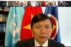 Đại sứ Đặng Đình Quý, Trưởng Phái đoàn đại diện thường trực Việt Nam tại Liên hợp quốc phát biểu tại buổi lễ kỷ niệm. (Ảnh: Hữu Thanh/TTXVN)