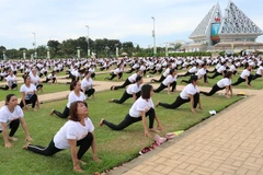 Các câu lạc bộ cùng tham gia đồng diễn Yoga nhân ngày Ngày Quốc tế Yoga lần thứ 6 tại Ninh Thuận. (Ảnh: Công Thử/TTXVN)
