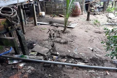 Rạn nứt đất bờ Tây sông Hậu một đoạn dài khoảng 80m, bề rộng vết nứt hở từ 0,1m đến 0,4m và có nguy cơ bị sạt lở là rất cao. (Ảnh: Thanh Sang/TTXVN)