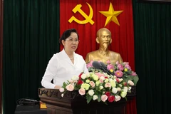 Bí thư Tỉnh ủy Hà Nam Lê Thị Thủy phát biểu tại hội nghị. (Ảnh: Thanh Tuấn/Vietnam+)