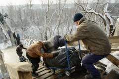 Người dân đi qua chốt kiểm soát giữa quân đội Ukraine và lực lượng đòi độc lập bằng chiếc thang gỗ thay thế cho chiếc cầu bị phá hủy trong một đợt giao tranh ở khu vực Luhansk ngày 16/12. (Nguồn: EPA/TTXVN)