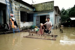 Người dân thôn Huỳnh Kim, phường Nhơn Hòa, thị xã An Nhơn, Bình Định làm vệ sinh nhà cửa khi nước vừa rút xuống. (Ảnh: Nguyên Linh/TTXVN)