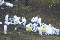 Nhân viên cứu hộ chuyển thi thể nạn nhân vụ tai nạn máy bay ở La Union, Colombia. (Nguồn: AP/TTXVN)