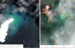 Hình ảnh vệ tinh cho thấy núi lửa đã nhấn chìm một hòn đảo và tạo ra một hòn đảo khác. (Nguồn: GeoNet)