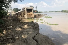 Hiện trường tình trạng sạt lở tại bờ Tây sông Châu Đốc, đoạn thuộc tổ 3, ấp Vĩnh An, xã Vĩnh Hội Đông, huyện An Phú. (Ảnh: Công Mạo/TTXVN)