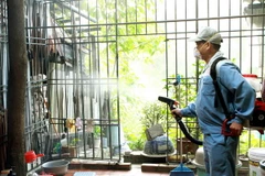 Nhân viên y tế phun thuốc diệt muỗi, hướng dẫn cộng đồng vệ sinh môi trường, diệt lăng quăng, bọ gậy phòng chống sốt xuất huyết tại phường Trương Định, quận Hai Bà Trưng. (Ảnh: Dương Ngọc/TTXVN)