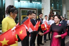 Đại sứ quán Việt Nam và Cộng đồng người Việt tại Singapore đón Chủ tịch Quốc hội Nguyễn Thị Kim Ngân, tại Sân bay Quốc tế Changi, ngày 26/11. (Ảnh: Trọng Đức/TTXVN)