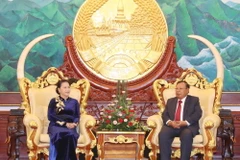 Chủ tịch Quốc hội Nguyễn Thị Kim Ngân đến chào Tổng Bí thư, Chủ tịch nước Lào Bounnhang Vorachith. (Ảnh: Trọng Đức/TTXVN)