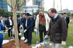 Hà Nội trồng 100 cây xanh chào mừng 100 năm Quốc khánh nước Cộng hòa Phần Lan. (Nguồn: TTXVN)