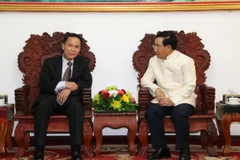 Tổng Giám đốc TTXVN Nguyễn Đức Lợi cùng Ủy viên Bộ Chính trị, Phó Thủ tướng Chính phủ Lào Phankham Viphavan. (Ảnh: Phạm Kiên/TTXVN)