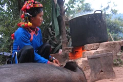 Đun nước chuẩn bị mổ lợn ăn Tết (Ảnh: Mai Anh/Vietnam+)