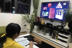 Học sinh trường Tiểu học Phương Mai (Đống Đa, Hà Nội) học qua truyền hình tại nhà. (Ảnh: TTXVN phát)