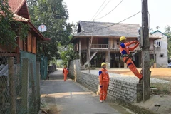 Công nhân Công ty Điện lực Hòa Bình (Tổng Công ty Điện lực miền Bắc) cải tạo lưới điện nông thôn huyện Mai Châu. (Ảnh: Ngọc Hà/TTXVN)