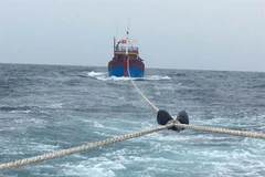 Thuyền cá gặp nạn được kéo vào bờ. (Ảnh: TTXVN phát)