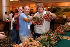 Các đại biểu tham quan gian hàng trưng bày vải thiều tại Hội nghị. (Ảnh: Vũ Sinh/TTXVN)