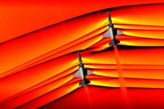Hình ảnh sóng xung kích tương tác khi 2 máy bay bay nhanh hơn tốc độ âm thanh. (Nguồn: NASA)