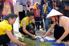 Những bông lúa nếp sau khi hái về sẽ được tuốt bằng những chiếc bát con. (Ảnh: Việt Dũng/TTXVN) 