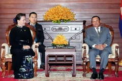 Quang cảnh buổi hội kiến của Chủ tịch Quốc hội Nguyễn Thị Kim Ngân với Chủ tịch Thượng viện Vương quốc Campuchia Samdech Say Chhum. (Ảnh: Trọng Đức/TTXVN)