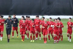 Các cầu tuyển thủ Việt Nam trên sân tập. (Ảnh: Hoàng Linh/TTXVN)
