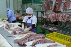 Chế biến thịt lợn tại nhà máy của Công ty Cổ phần Công nghệ thực phẩm Vinh Anh, huyện Thường Tín, Hà Nội. (Ảnh: Vũ Sinh/TTXVN)