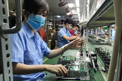 Dây chuyền sản xuất các thiết bị điện, điện tử tại Công ty cổ phần Thiết bị điện VI-NA-SI-No (VSEE JSC) tại khu công nghiệp Long Hậu, tỉnh Long An. (Ảnh: Danh Lam/TTXVN)