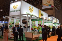 Khu vực trưng bày của hàng nông thủy sản Việt Nam tại Foodex 2019 Nhật Bản. (Ảnh: Nguyễn Tuyến/TTXVN) 