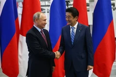 Tổng thống Nga Vladimir Putin (trái) trong cuộc gặp Thủ tướng Nhật Bản Shinzo Abe. (Nguồn: AFP/TTXVN) 