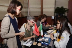 Đại diện các tổ chức quốc tế và các trường đại học, cơ sở đào tạo giới thiệu hướng dẫn cho phụ huynh, học sinh về các chương trình học bổng, hỗ trợ nộp hồ sơ trực tiếp. (Ảnh: Quý Trung/TTXVN)