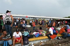 Người di cư trong hành trình đến Mỹ chờ đợi để đi qua khu vực biên giới từ Ciudad Tecun Uman, Guatemala, tới Ciudad Hidalgo, Mexico, ngày 21/10/2018. (Nguồn: AFP/TTXVN) 