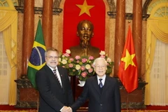 Chủ tịch nước Nguyễn Phú Trọng tiếp Ngài Fernando Aparício da Silva, Đại sứ Đặc mệnh toàn quyền Cộng hòa Liên bang Brazil tại Việt Nam đến trình Quốc thư. (Ảnh: Trí Dũng/ TTXVN) 
