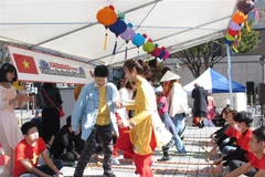 Các vị khách Việt Nam và Nhật Bản tham gia múa sạp. (Ảnh: Đào Thanh Tùng/TTXVN)