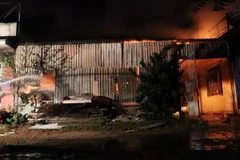 Lực lượng chức năng Ninh Thuận nỗ lực dập lửa. (Ảnh: Nguyễn Thành/TTXVN)