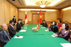 Phó Chủ tịch nước Đặng Thị Ngọc Thịnh tiếp Thống đốc tỉnh Fukuoka Ogawa Hiroshi, Chủ tịch Hội đồng dân biểu tỉnh Fukuoka Nakao Masayuki và một số lãnh đạo địa phương. (Ảnh: Quang Hải/TTXVN)