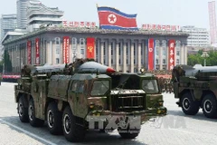 Tên lửa đạn đạo Scud trong lễ duyệt binh tại Quảng trường Kim Nhật Thành ở thủ đô Bình Nhưỡng tháng 7/2013. (Nguồn: Kyodo/TTXVN)