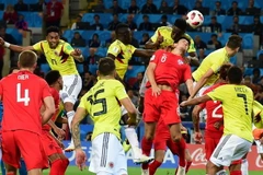 Tình huống đội tuyển Colombia có bàn thắng gỡ hòa 1-1 vào lưới đối thủ Anh trong trận đấu ở vòng loại trực tiếp Giải bóng đá World Cup 2018 diễn ra ở Moskva, Nga, ngày 3/7. (Nguồn: THX/TTXVN) 