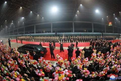 Lễ đón nhà lãnh đạo Triều Tiên Kim Jong-un (giữa) tại Bình Nhưỡng sau khi ông kết thúc chuyến thăm hữu nghị chính thức Việt Nam, ngày 5/3/2019. (Nguồn: Yonhap/TTXVN) 