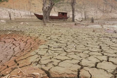 Mực nước hồ thủy điện Bản Vẽ (Nghệ An) xuống thấp kỷ lục. (Ảnh: Nguyễn Oanh/TTXVN)