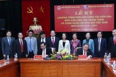 Lễ ký chương trình phối hợp công tác dân vận giữa Ban Dân vận Trung ương và Đảng đoàn Hội Nhà báo giai đoạn 2016-2021. (Ảnh: Phương Hoa/TTXVN)