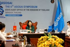 Phó Tổng Kiểm toán Nhà nước Hà Thị Mỹ Dung và đại diện các đơn vị chức năng của Kiểm toán Nhà nước Việt Nam tham dự cuộc họp Ban điều hành ASOSAI lần thứ 57. (Ảnh: Vietnam+)