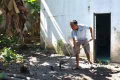 Sau mỗi trận mưa, anh Ngô Quốc Phương, tổ 6, phường Hòa Thọ Tây, quận Cẩm Lệ, thành phố Đà Nẵng, phải xúc dọn bùn đất bị trôi xuống từ dự án Cụm công nghiệp Cẩm Lệ. (Ảnh: Quốc Dũng/TTXVN)