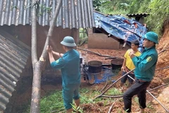 Cán bộ chính quyền địa phương chặt cây, tránh đổ vào nhà dân. (Ảnh: TTXVN phát)