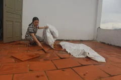 Ngôi nhà 3 tầng của chị Phạm Thị Hiền, Khu tái định cư thôn Kim Bôi, xã Đông Thanh, huyện Đông Sơn, bị hư hỏng nặng nề do áp lực của máy lu lèn trong quá trình thi công cầu vượt cao tốc. (Ảnh: Hoa Mai/TTXVN)