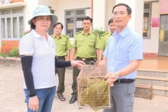Bà Nguyễn Tuấn Tú, bàn giao 2 cá thể Rái Cá cho Trung tâm cứu hộ, bảo tồn và phát triển sinh vật trực thuộc Ban quản lý Vườn Quốc gia Bù Gia Mập. (Ảnh: TTXVN phát)