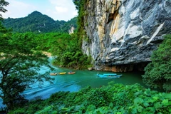 Cảnh vật bên ngoài cửa động Phong Nha đẹp như một bức tranh. (Ảnh: TTXVN phát)
